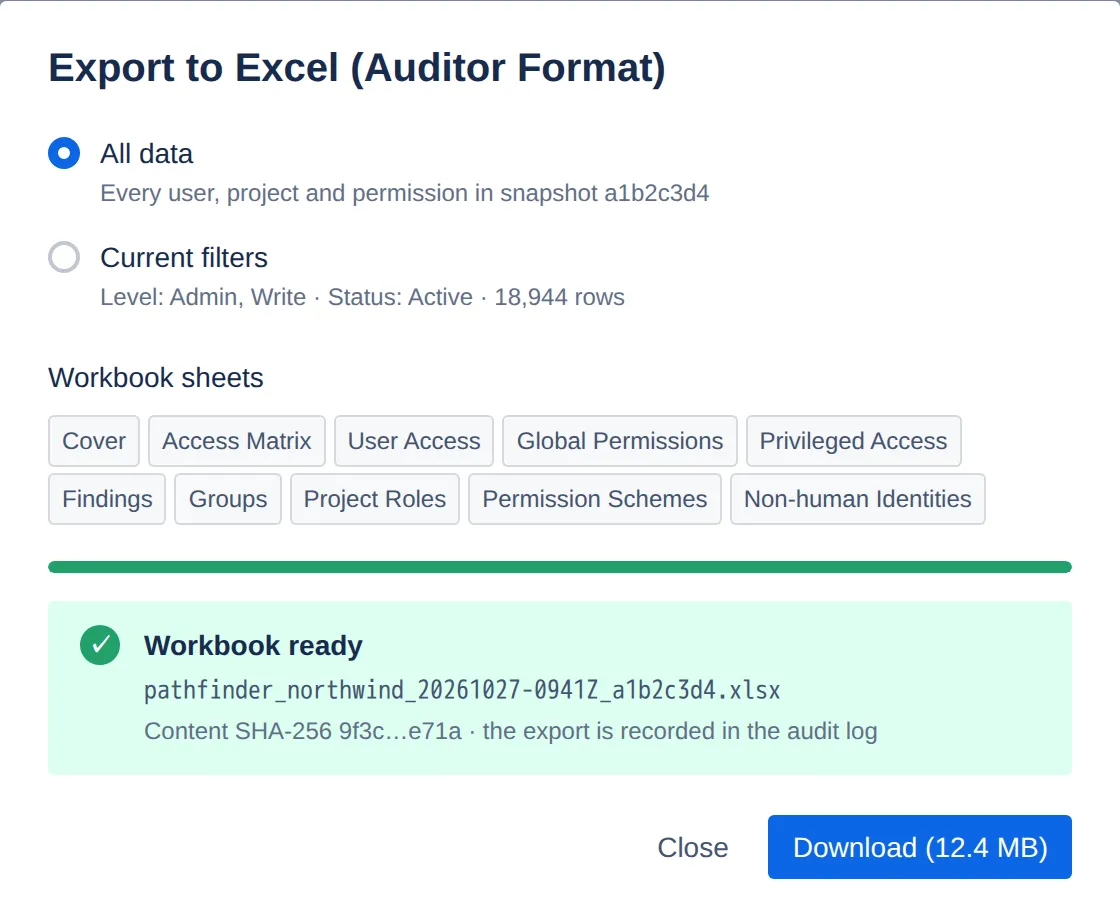 Export to Excel dialog: all data or current filters, ten workbook sheets, and a ready workbook with its file name and content SHA-256.